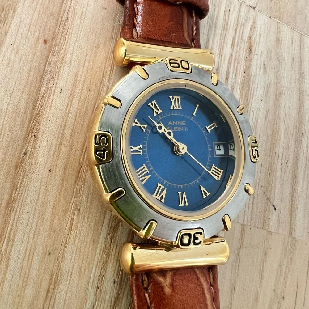 Anne Klein II ladies blue dial two tone brown leather watch NEW BATTERY